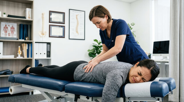 Chiropractor adjustment patient therapy spine clinic treatment back pain wellness practitioner performing spinal manipulation on woman lying on therapy table in medical office