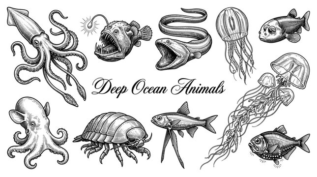 Hand Drawn Vintage Engraving Style Collection of Deep Ocean Animals including Anglerfish, Giant Squid, Octopus, and Jellyfish Vector Illustration
