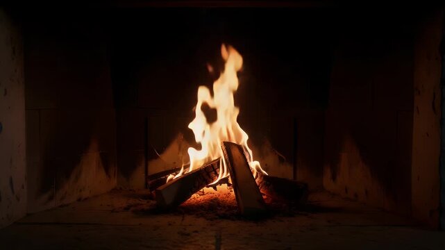 Bright orange flames burn intensely on seasoned logs inside a traditional stone fireplace providing warmth and comfort during the quiet and peaceful winter evening hours now