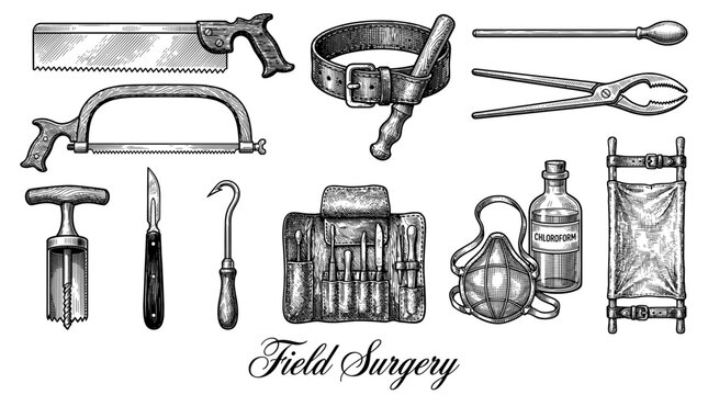 Vintage Field Surgery and Medical Instruments Illustration: Historical Amputation Saws, Scalpels, Chloroform Bottle, and Surgical Kit in Engraved Style