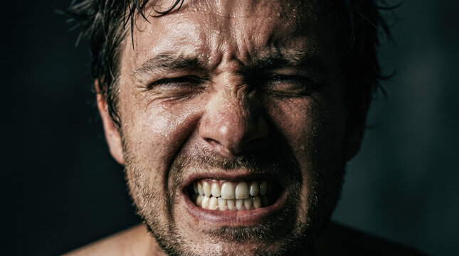 Man wincing gritting teeth face pain close up portrait of sweaty adult male with tense jaw, clenched expression, dark background, stress, anger, discomfort