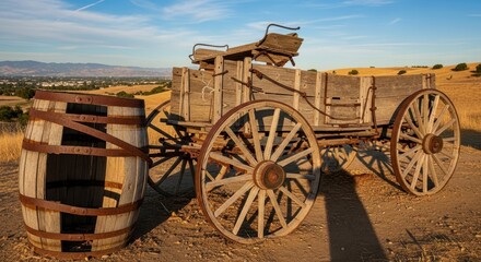 Obraz premium Antique wooden wagon and barrel in a dry landscape.