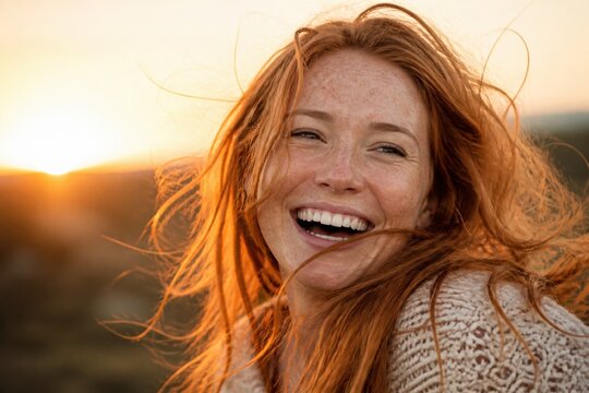 A redheaded woman with freckles laughs joyfully outdoors. The warm sunset light creates a golden atmosphere. Perfect for lifestyle, happiness, or beauty advertisements.