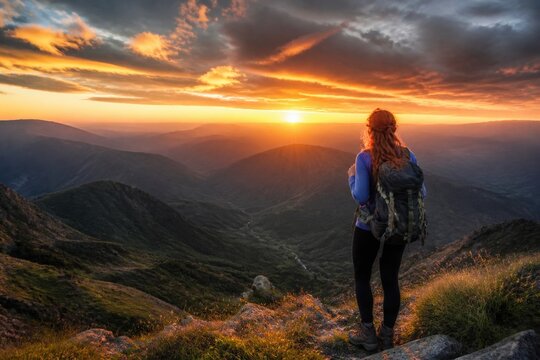 Red-haired woman with backpack stands on peak looking at sunset over valley. Inspiring scene of adventure and freedom in nature. Perfect for travel blogs or outdoor lifestyle marketing.