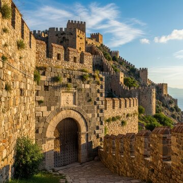 Ancient stone castle fortress on a steep hill under a blue sky.