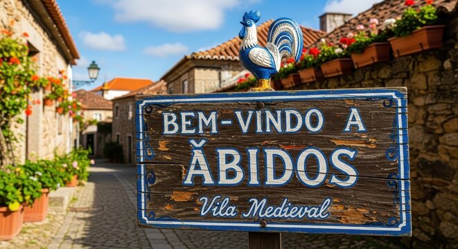 Bem-Vindo a Abidos Vila Medieval Sign with Rooster Decoration.
