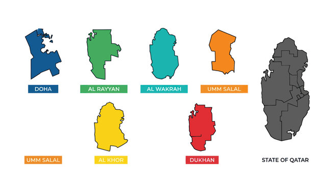 Qatar Map Regions Outline, Administrative Divisions, Colorful Regions, Doha, Dukhan