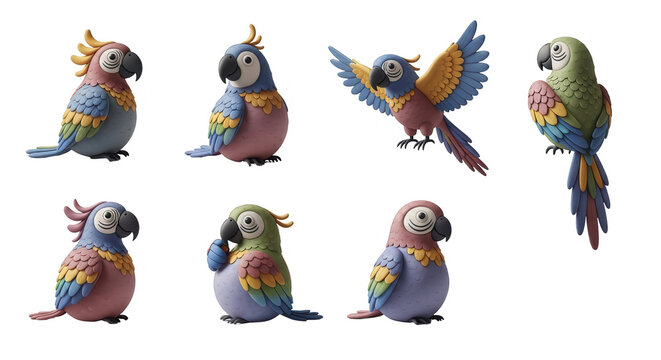 seven whimsical colorful clay parrots in various poses against a clean white background illustrations and design