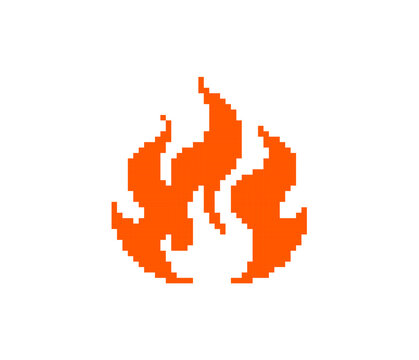 Pixel fire icon. Retro-style flame graphic orange and yellow gradient pixel art design.