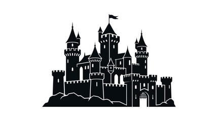 Majestic Castle with Tall Towers and Flag on Top. © Kopi_std