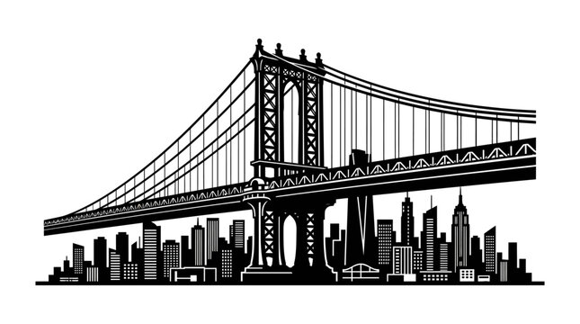 Iconic Brooklyn Bridge with Manhattan Skyline in Black and White.