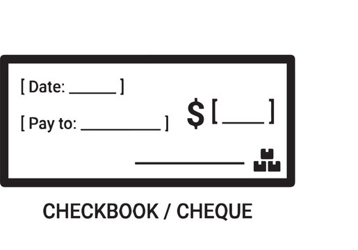 Professional checkbook or cheque icon featuring payment fields for date, payee, and amount, integrated with a small parcel symbol for logistics context, isolated on a white background