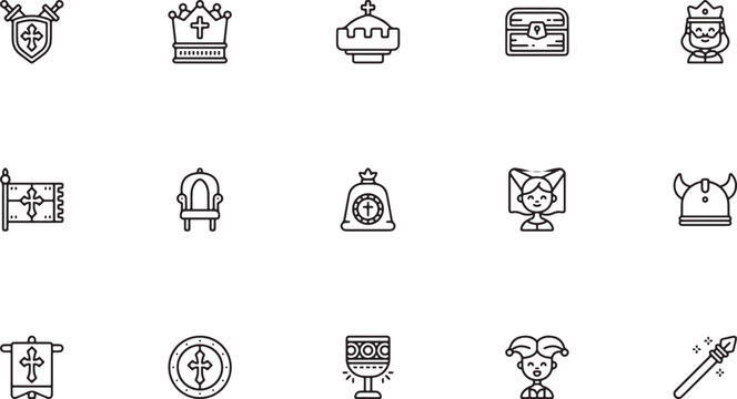 Medieval Royalty and Fantasy RPG Kingdom Line Art Icon Set Featuring Royal Crowns, Thrones, Treasure Chests, Money Bags, and Jesters for Game UI Design