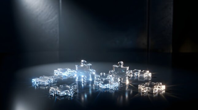 Abstract 3D glass puzzle pieces on reflective dark surface