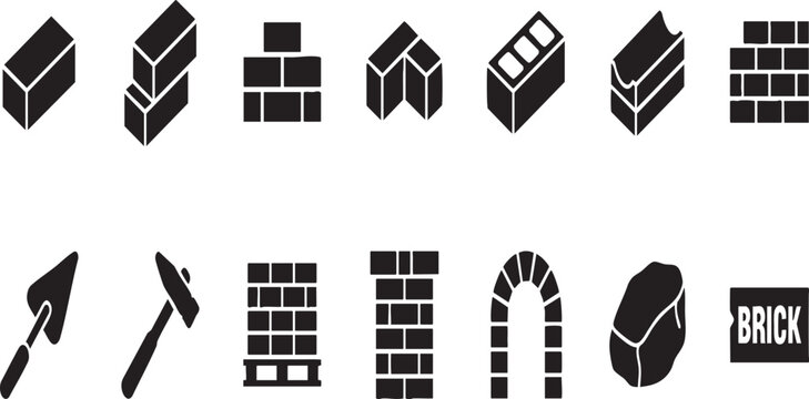 Black masonry icons set with brick laying, construction tools, trowel, hammer, concrete block, wall texture, palette, and architectural arch vector elements