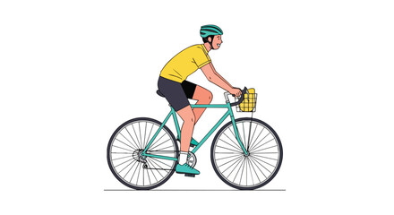 Fototapeta premium Man Riding Teal Bicycle with Front Basket and Yellow Shirt for Active Lifestyle