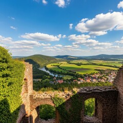 Fototapeta premium Ancient Castle Ruins Overlooking Lush Green Valley and River.
