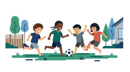 Fototapeta premium Group of diverse children playing soccer together in a park