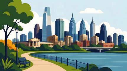 Obraz premium Illustration of Philadelphia Skyline with Riverwalk and Park in Contemporary Corporate Style