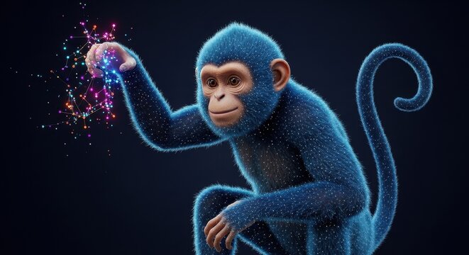 Blue Monkey Holding Sparking Particles.