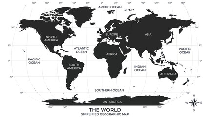 World Map Simplified Geography Global Continents Oceans Political Boundaries Dark © Kardus