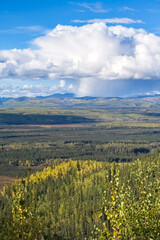 Fototapeta premium Canada, Yukon, view of the tundra in autumn, with rain in the mountains in background 