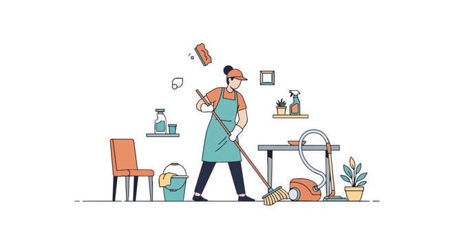 Woman in Apron Mopping Floor with Cleaning Supplies in Modern Interior Workspace