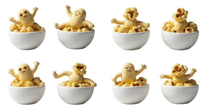 animated popcorn characters inside bowls dancing on a white background suggesting fun and entertainment content