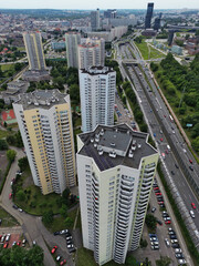 Aerial view of the iconic Gwiazdy star-shaped residential high-rises and Rozdzienskiego avenue in Katowice, Poland. © DronON_PL