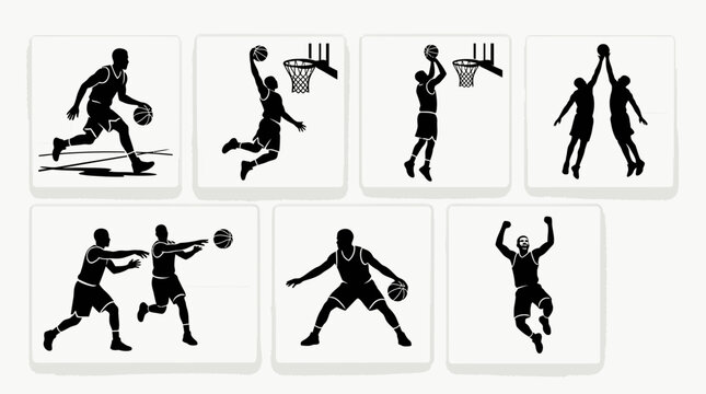 Basketball Player Silhouettes: Dribbling, Dunking, Shooting, and Playing