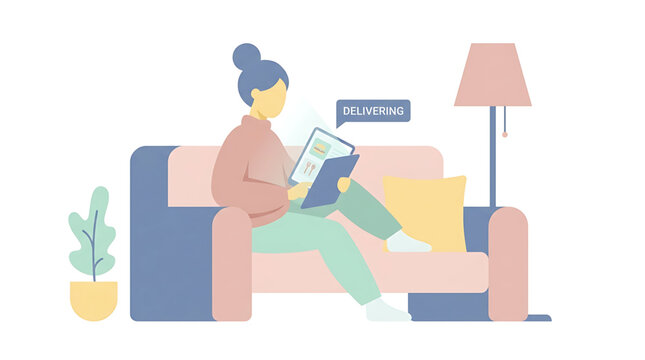 Woman sitting on a sofa using a tablet to order food delivery