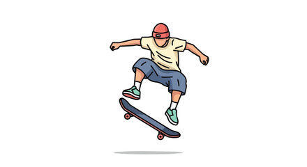 Fototapeta premium Young Skateboarder Performing Jump Trick in Mid Air Urban Sport Illustration