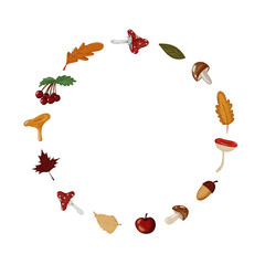 Circle autumn frame for decor and design. With illustrations of mushrooms, leaves, acorns and berry.  © Arina