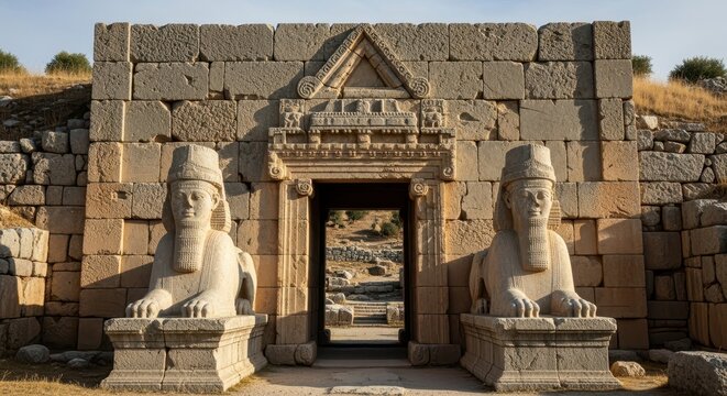 Ancient Hittite Sphinx Gate at Hattusa Archaeological Site in Turkey.