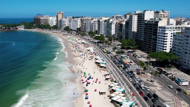 Aerial drone view of Copacabana Beach in Rio de Janeiro, Brazil