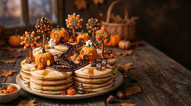 Festive Halloween Pancake Stack with Edible Pumpkin Houses Ghosts and Candy Corn Decorations for Fall Breakfast.