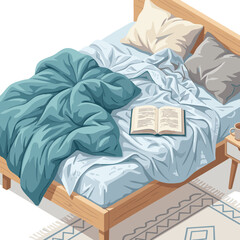 Fototapeta premium Unmade bed with open book and coffee cup