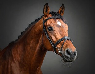 Fototapeta premium Elegant Brown Horse Wearing Bridle in Dark Studio Portrait