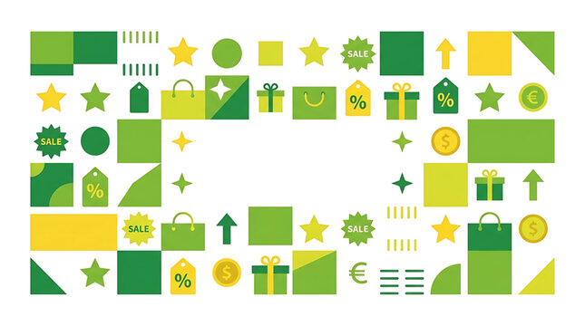 Shopping and sales pattern background with gift boxes, shopping bags, discount tags, stars, and coins