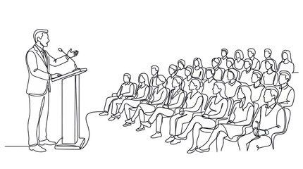 Obraz premium Businessman giving a speech at a podium in front of an audience