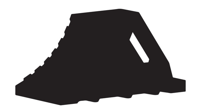 Heavy duty wheel chock silhouette isolated on white background. Safety trailer tire stop wedge vector icon
