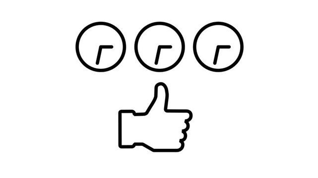 Animated line icon featuring a thumbs up gesture below three clocks, symbolizing excellent global time management and quick schedule approval.