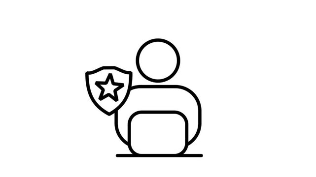 Animated line icon showing a secure user profile working on a laptop protected by a shield for total online cybersecurity.