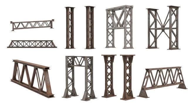 assorted metal girders and beams isolated on white background used in construction or engineering projects