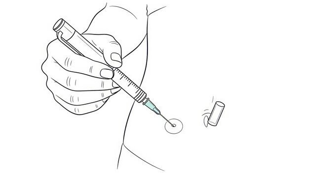 Close up illustration of a hand holding an auto-injector pen for subcutaneous injection.