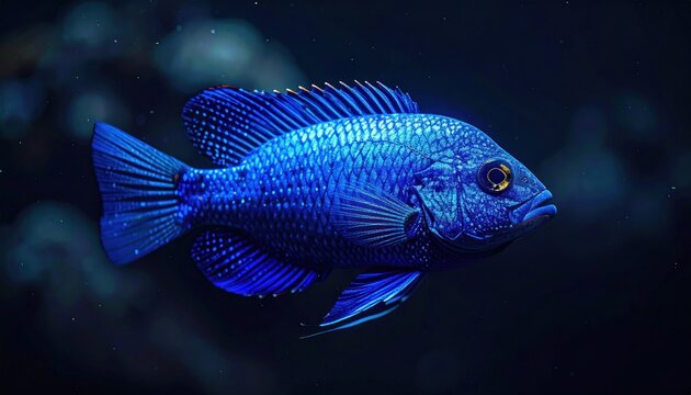 A vibrant blue cichlid fish, detailed scales, in deep water, with a yellow eye