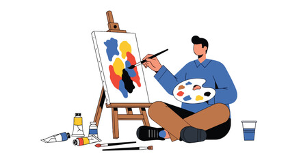 Naklejka premium Creative Man Sitting on Floor Painting Abstract Art on Easel with Brushes and Palette