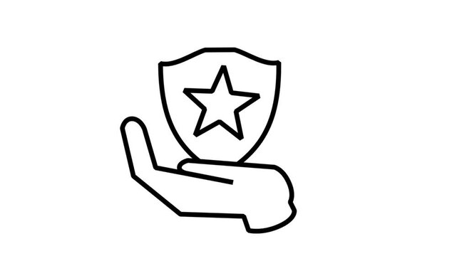 Animated line icon showing a human hand holding a protective shield with a premium star inside for secure warranty.