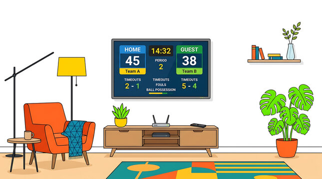 A living room with a tv displaying a basketball scoreboard and various furniture