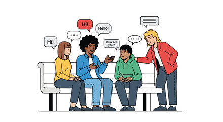 Fototapeta premium Diverse Young People Talking on Park Bench with Speech Bubbles Conversation Concept